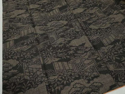 平和屋着物●結城紬　100亀甲　雲取り浜松草木文　黒地　正絹　逸品　CABG0747yc