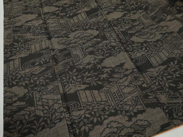 平和屋着物●結城紬　100亀甲　雲取り浜松草木文　黒地　正絹　逸品　CABG0747yc