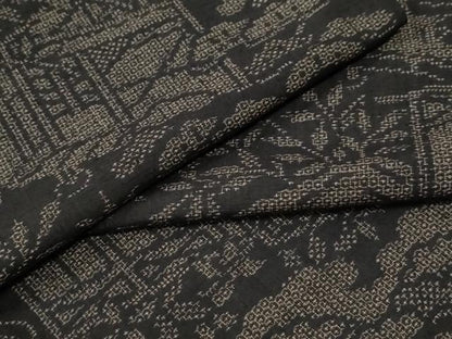 平和屋着物●結城紬　100亀甲　雲取り浜松草木文　黒地　正絹　逸品　CABG0747yc
