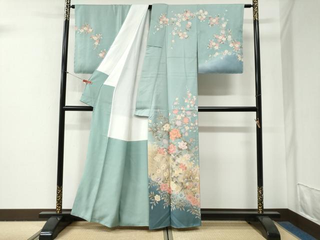 平和屋着物●訪問着　駒刺繍　牡丹草花文　暈し染め　金彩　正絹　逸品　CABG0770yc