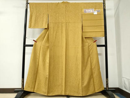 平和屋着物●上質な色無地　四季草姿　更紗花唐草地紋　櫨染色　反端付き　正絹　逸品　未使用　CABG0783yc