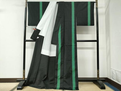 平和屋着物●上質な紬　縞　黒地　正絹　逸品　CABG0798yc