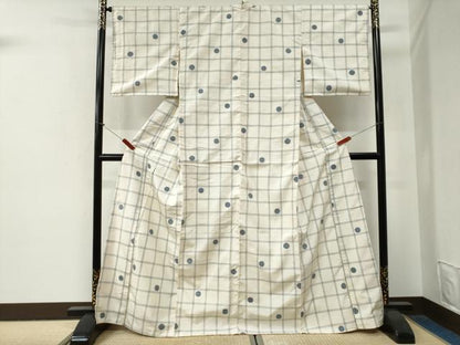 平和屋着物●上質な紬　格子吉祥丸文　正絹　逸品　CABG0804yc