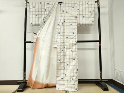 平和屋着物●上質な紬　格子吉祥丸文　正絹　逸品　CABG0804yc