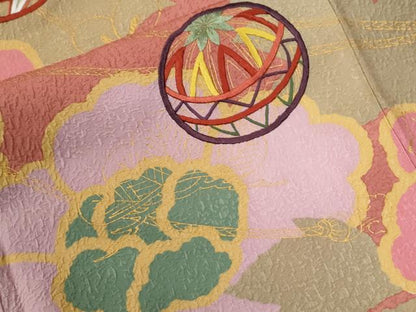 平和屋着物●豪華振袖　刺繍　毬牡丹花文　金彩　正絹　逸品　CABG0808yc
