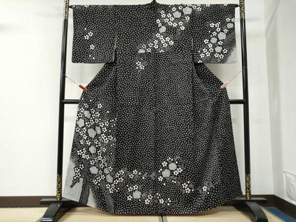 平和屋着物●訪問着　総絞り　枝花文　黒地　正絹　逸品　CABG0811yc