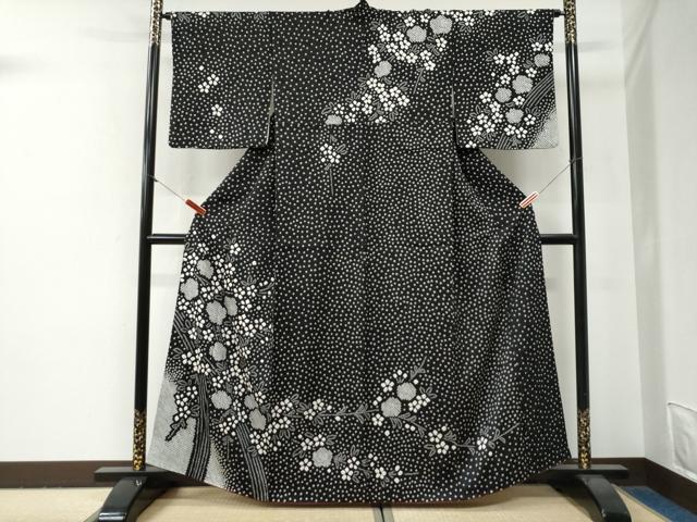 平和屋着物●訪問着　総絞り　枝花文　黒地　正絹　逸品　CABG0811yc