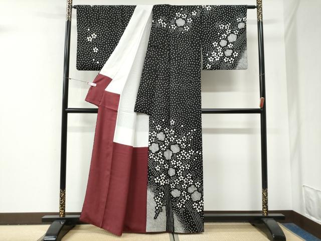 平和屋着物●訪問着　総絞り　枝花文　黒地　正絹　逸品　CABG0811yc