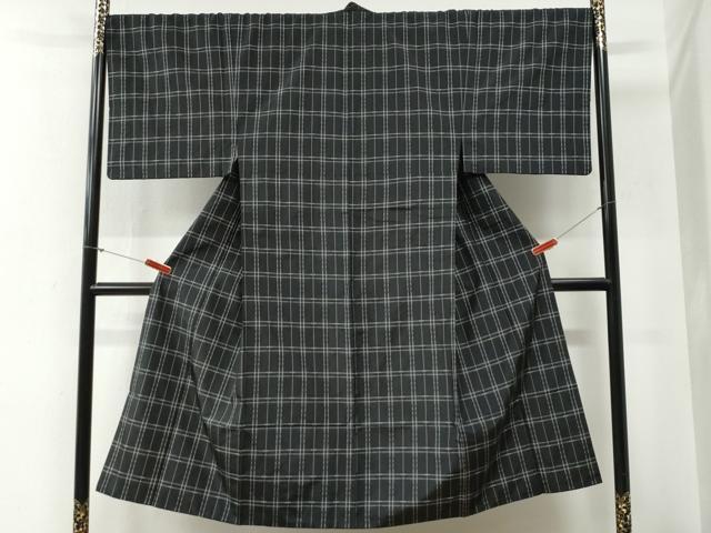 平和屋着物●男性　花織　紬　格子　黒地　正絹　逸品　CABG0814yc