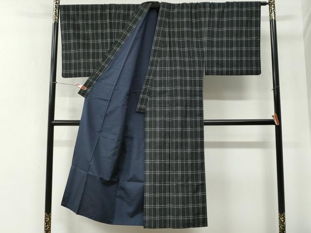 平和屋着物●男性　花織　紬　格子　黒地　正絹　逸品　CABG0814yc
