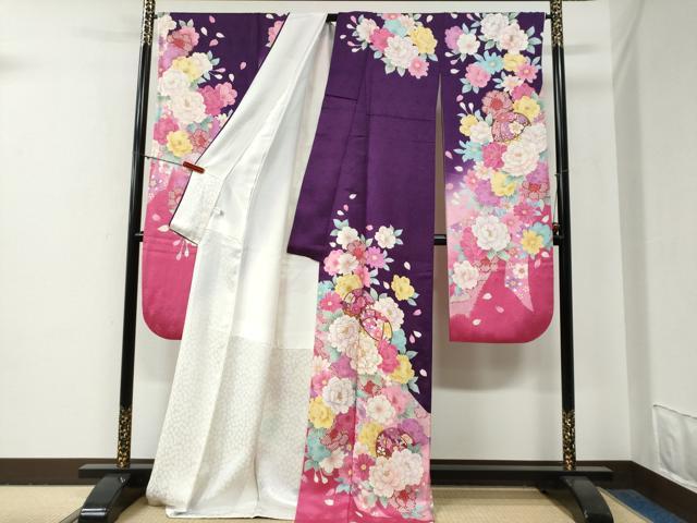 平和屋着物●豪華振袖　毬牡丹花文　ラメ糸　暈し染め　銀通し地　正絹　逸品　CABG0816yc