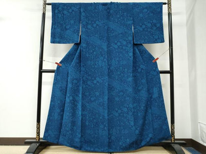 平和屋着物●上質な小紋　藍　型染め　更紗孔雀花唐草文　鬼しぼ縮緬　正絹　逸品　CABG0817yc