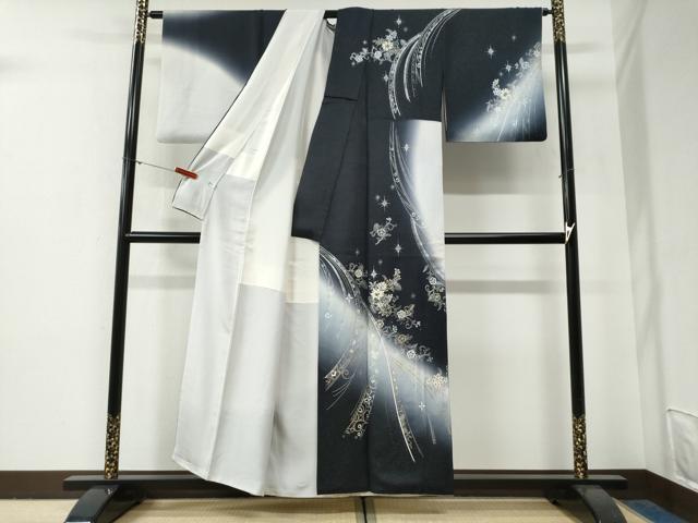 平和屋着物●訪問着　花蝶唐草文　ラインストーン　暈し染め　銀通し地　正絹　逸品　CABG0819yc
