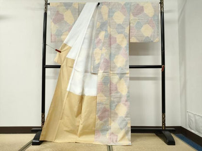 平和屋着物●駒結城　紬　切嵌吉祥文　反端付き　ロング丈　正絹　逸品　CABG0828yc