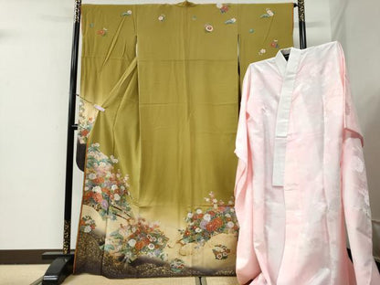 平和屋着物●豪華振袖・長襦袢セット　駒刺繍　十二単風　地紙花車文　暈し染め　金彩　正絹　逸品　CABG0831yc