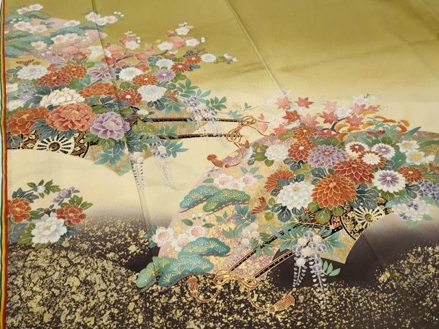 平和屋着物●豪華振袖・長襦袢セット　駒刺繍　十二単風　地紙花車文　暈し染め　金彩　正絹　逸品　CABG0831yc