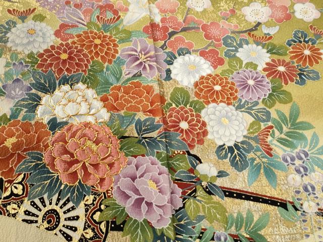 平和屋着物●豪華振袖・長襦袢セット　駒刺繍　十二単風　地紙花車文　暈し染め　金彩　正絹　逸品　CABG0831yc