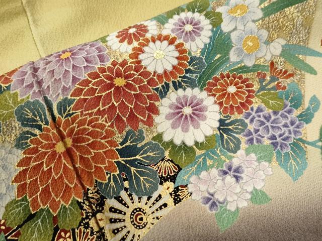平和屋着物●豪華振袖・長襦袢セット　駒刺繍　十二単風　地紙花車文　暈し染め　金彩　正絹　逸品　CABG0831yc