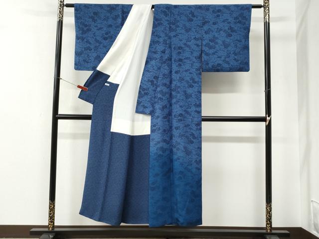 平和屋着物●訪問着　藍　型染め　芝草菊文　暈し染め　正絹　逸品　CABG0841yc