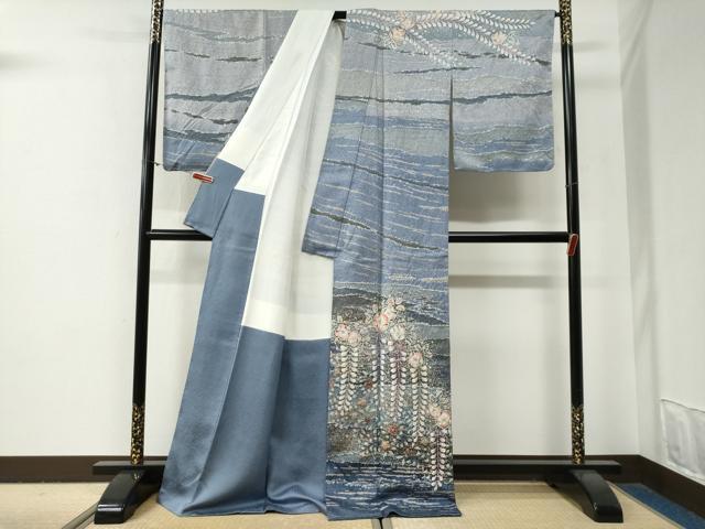 平和屋着物●越後十日町の一流染匠　桐屋・翠山工房 訪問着 辻が花 絞り 暈し染め 銀通し地 ロング丈 正絹 逸品 未使用 CABG0856yc