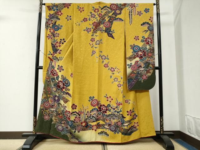 平和屋着物●豪華振袖　型染め　鬘帯松竹梅鴛鴦花文　暈し染め　京都きもの友禅扱い　正絹　逸品　CABG0858yc