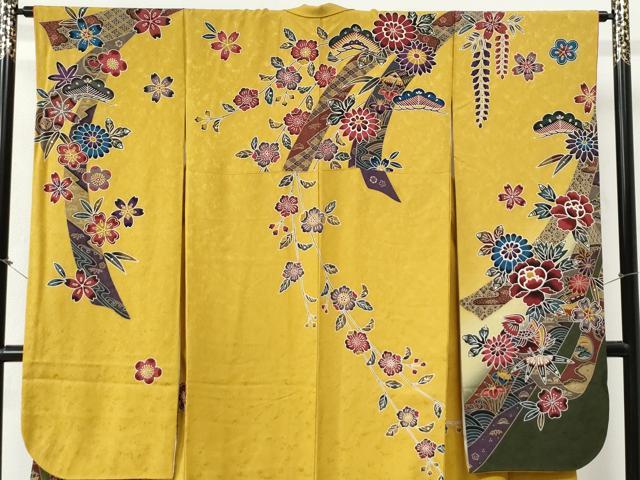 平和屋着物●豪華振袖　型染め　鬘帯松竹梅鴛鴦花文　暈し染め　京都きもの友禅扱い　正絹　逸品　CABG0858yc