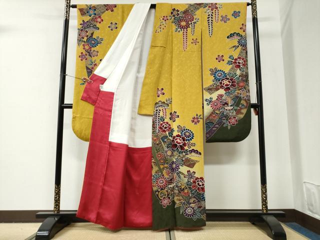 平和屋着物●豪華振袖　型染め　鬘帯松竹梅鴛鴦花文　暈し染め　京都きもの友禅扱い　正絹　逸品　CABG0858yc