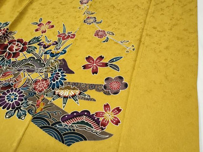平和屋着物●豪華振袖　型染め　鬘帯松竹梅鴛鴦花文　暈し染め　京都きもの友禅扱い　正絹　逸品　CABG0858yc