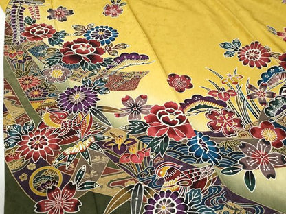 平和屋着物●豪華振袖　型染め　鬘帯松竹梅鴛鴦花文　暈し染め　京都きもの友禅扱い　正絹　逸品　CABG0858yc