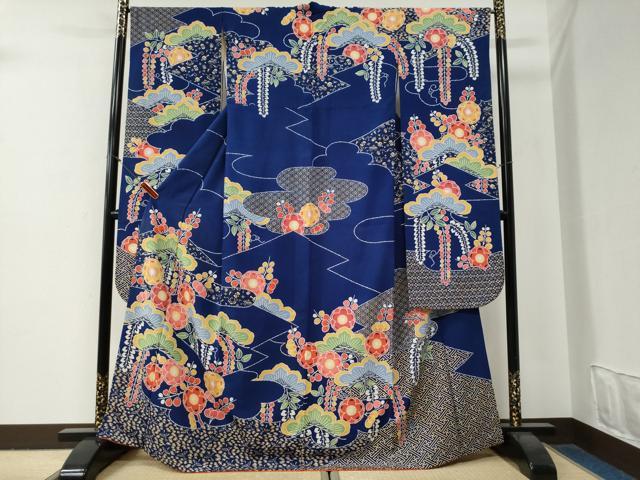 平和屋着物●和染紅型　栗山紅型　栗山吉三郎　振袖　枝垂れ花松文　鬼しぼ縮緬　正絹　逸品　CABG0859yc