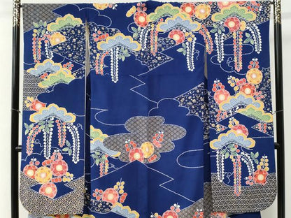 平和屋着物●和染紅型　栗山紅型　栗山吉三郎　振袖　枝垂れ花松文　鬼しぼ縮緬　正絹　逸品　CABG0859yc