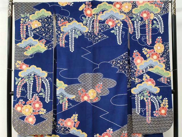 平和屋着物●和染紅型　栗山紅型　栗山吉三郎　振袖　枝垂れ花松文　鬼しぼ縮緬　正絹　逸品　CABG0859yc