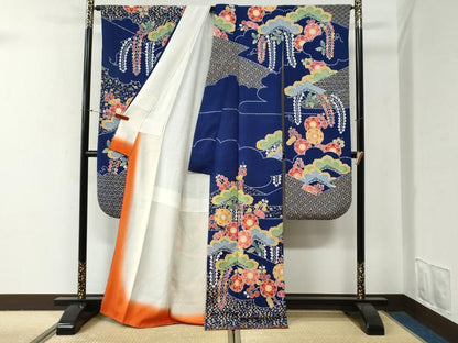 平和屋着物●和染紅型　栗山紅型　栗山吉三郎　振袖　枝垂れ花松文　鬼しぼ縮緬　正絹　逸品　CABG0859yc