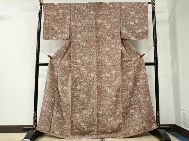 平和屋着物●上質な小紋　型染め　飛鶴浜松籬花文　鬼しぼ縮緬　正絹　逸品　CABG0862yc