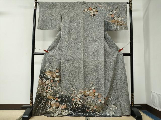 平和屋着物●訪問着　霞籬草花文　たたき染め　金彩　ロング丈　正絹　逸品　CABG0866yc