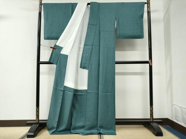 平和屋着物●上質な色無地　菊花地紋　青碧色　ロング丈　正絹　逸品　未使用　CABG0867yc