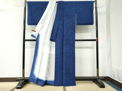 平和屋着物●上質な小紋　藍　型染め　菊花唐草文　正絹　逸品　未使用　CABG0868yc