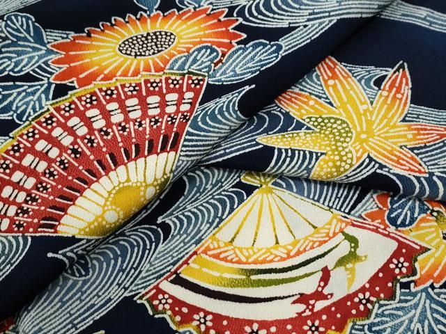 平和屋着物●上質な小紋　型染め　竜田川檜扇花文　鬼しぼ縮緬　正絹　逸品　CABG0870yc