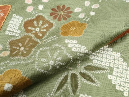 平和屋着物●訪問着　駒刺繍　地紙笹花文　金彩　正絹　逸品　CABG0871yc