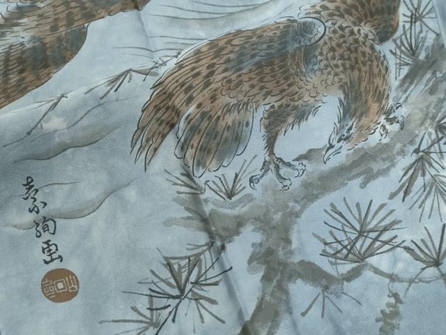 平和屋着物●男性　長襦袢　袷　手描き　鷹　さが美扱い　正絹　逸品　未使用　CABG0878yc