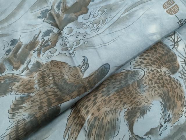 平和屋着物●男性　長襦袢　袷　手描き　鷹　さが美扱い　正絹　逸品　未使用　CABG0878yc
