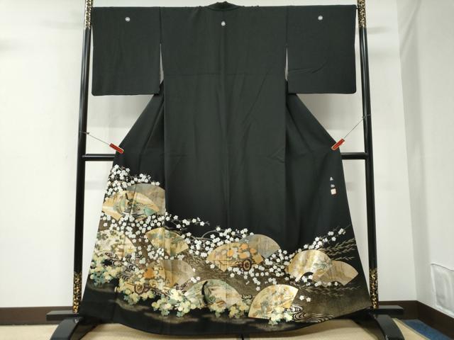 平和屋着物●豪華黒留袖　十二単　地紙竜田川休み鳥花車文　友紀本金箔　正絹　逸品　CABG0886yc