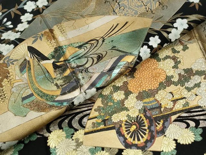 平和屋着物●豪華黒留袖　十二単　地紙竜田川休み鳥花車文　友紀本金箔　正絹　逸品　CABG0886yc