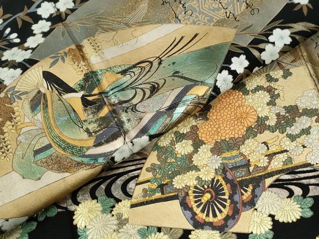 平和屋着物●豪華黒留袖　十二単　地紙竜田川休み鳥花車文　友紀本金箔　正絹　逸品　CABG0886yc