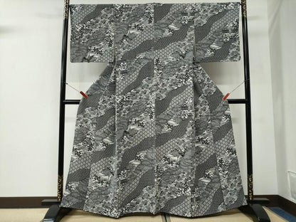 平和屋着物●上質な小紋　型染め　立波吉祥風景文　正絹　逸品　CABG0890yc