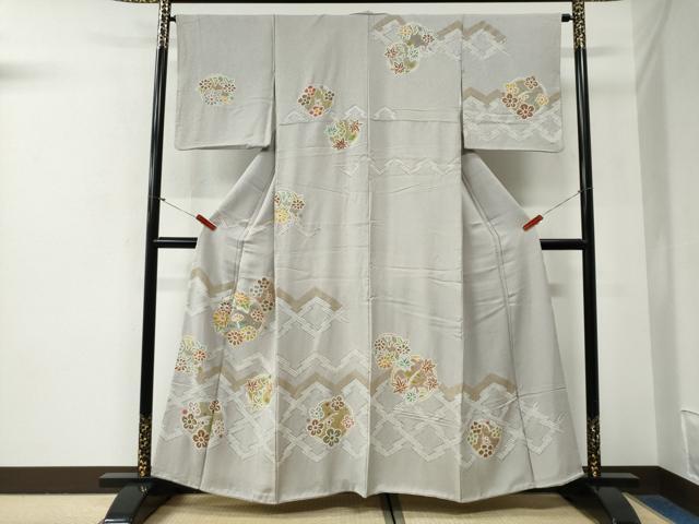 平和屋着物●訪問着　駒刺繍　絞り　松皮菱草花文　金彩　正絹　逸品　CABG0891yc