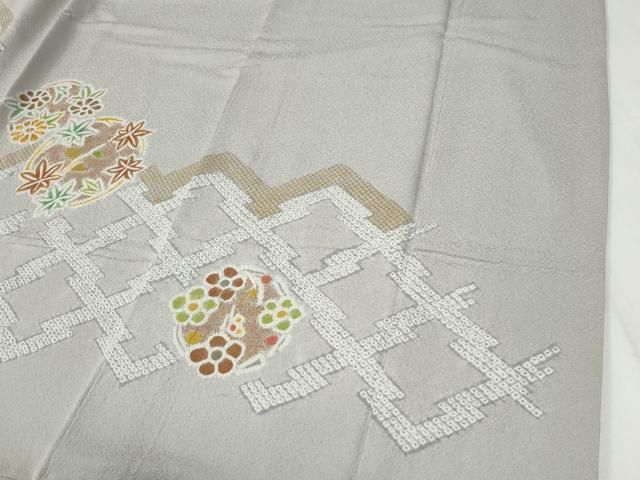 平和屋着物●訪問着　駒刺繍　絞り　松皮菱草花文　金彩　正絹　逸品　CABG0891yc