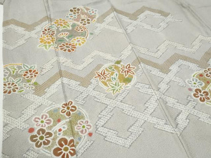 平和屋着物●訪問着　駒刺繍　絞り　松皮菱草花文　金彩　正絹　逸品　CABG0891yc