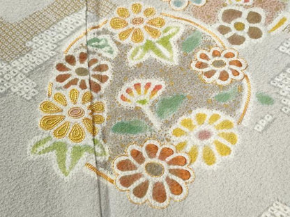 平和屋着物●訪問着　駒刺繍　絞り　松皮菱草花文　金彩　正絹　逸品　CABG0891yc