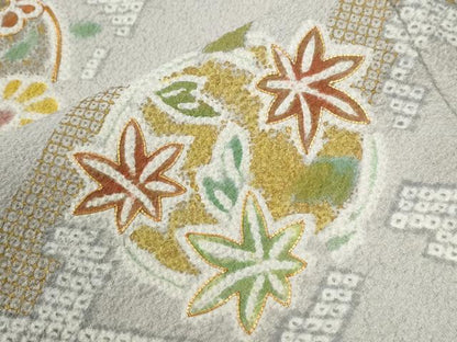 平和屋着物●訪問着　駒刺繍　絞り　松皮菱草花文　金彩　正絹　逸品　CABG0891yc